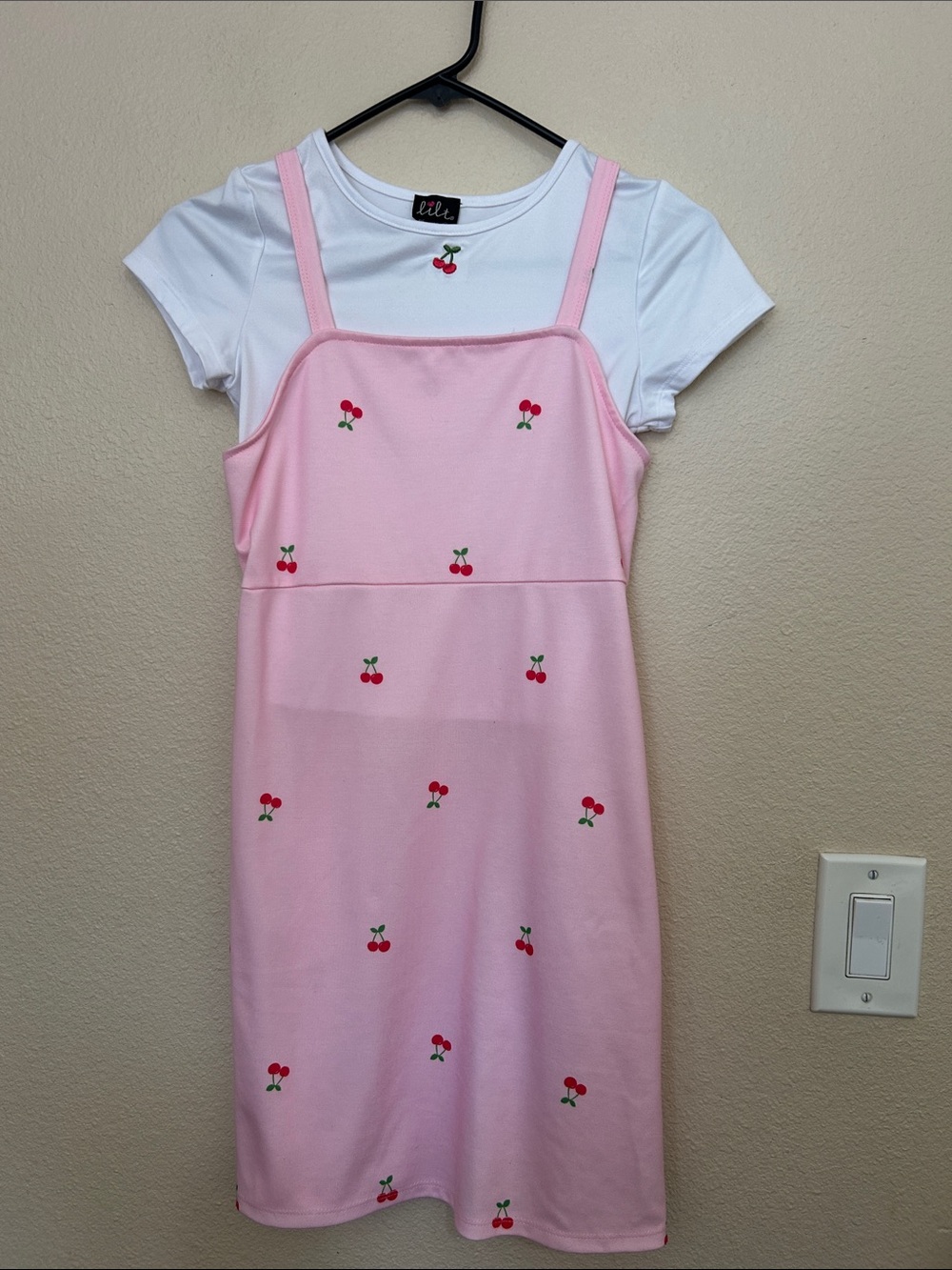 Lilu Pink Cherry Embroidered Slip Dress with White Tee